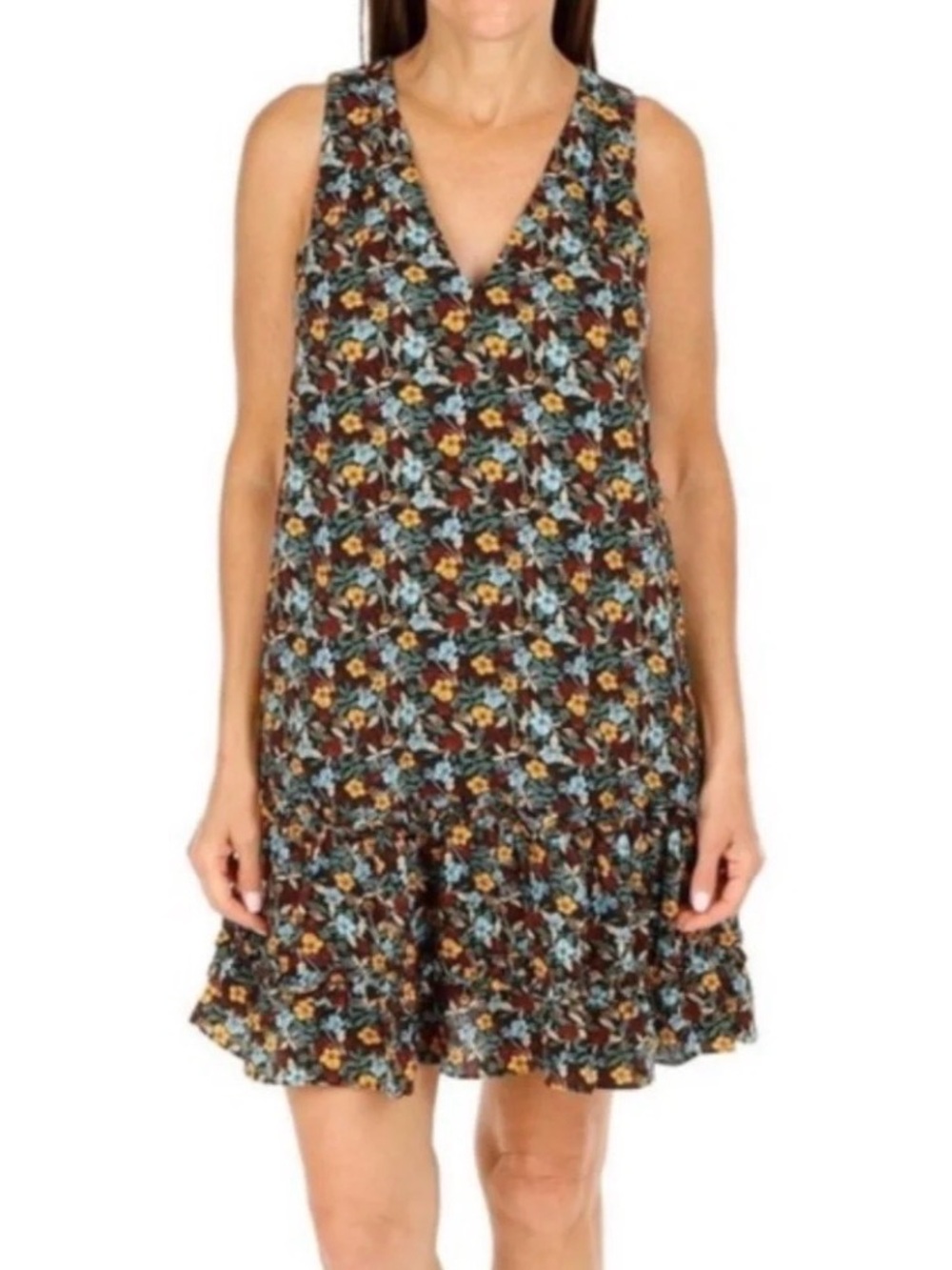 BCBG Paris Floral V-Neck Ruffle-Hem Mini Dress in Brown and Blue, lined, XXL